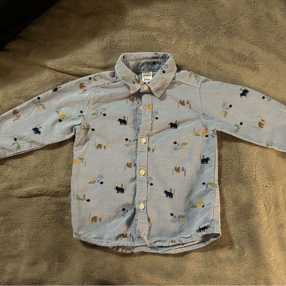 Carter's Chambray Button Down Shirt with Forest Friends Print